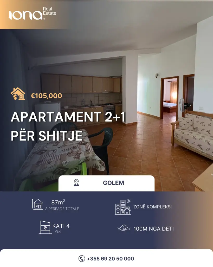 🏡 Apartament 2+1 në shitje – Golem, pranë Grand Blue Fafa