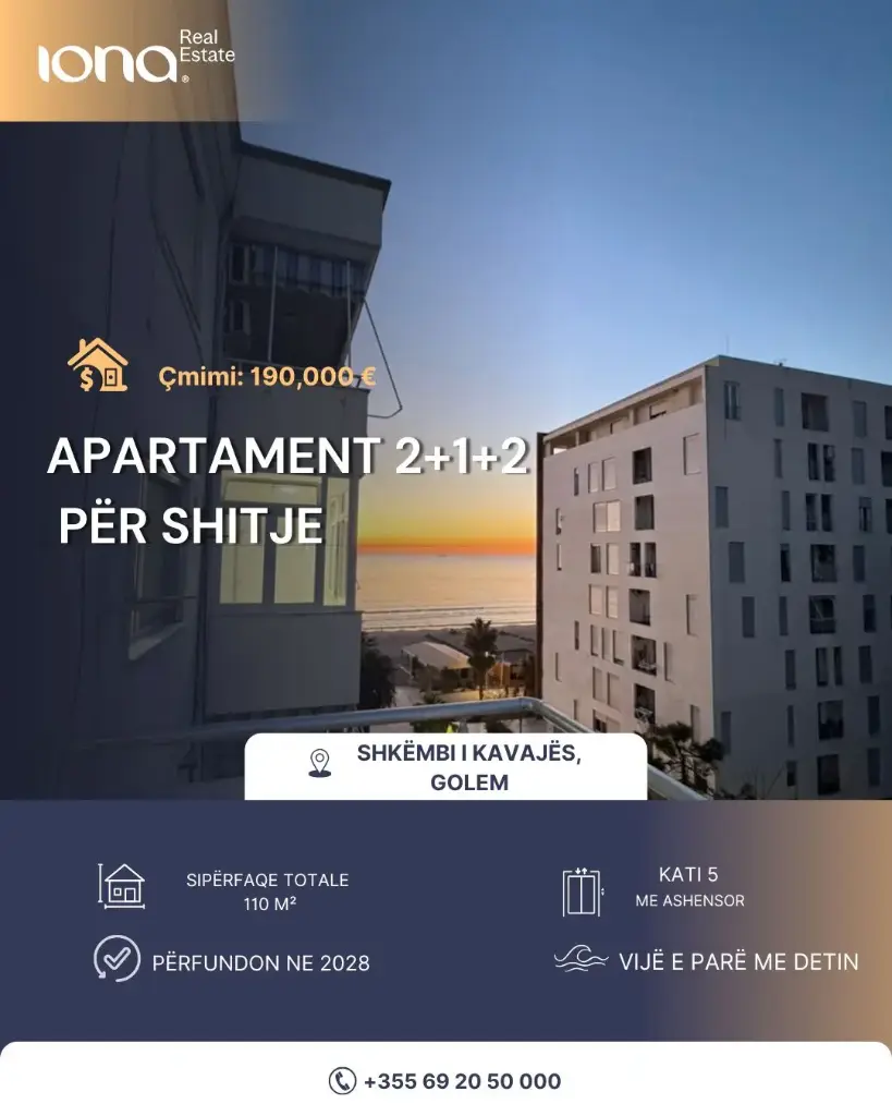 🏖️ Apartament 2+1+2 (2 tualete) – Shkëmbi i Kavajës, Golem