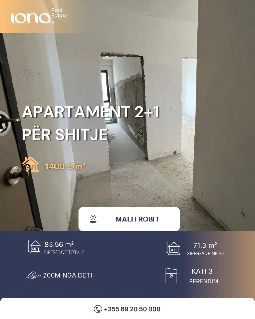 🏡 Apartament 2+1 në shitje – Mali i Robit, Golem