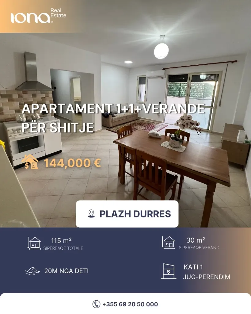 Shitet 1+1+Verend ne Plazh Durres 20 m larg detit