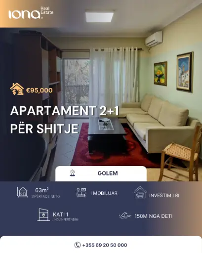  Apartament 2+1 për shitje – Në vijë të parë me detin, Golem